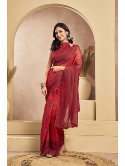BFM - Maroon Printed Linen Ready To Wear Saree With Unstitched Blouse