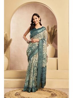 BFM - Teal Printed Linen Ready To Wear Saree With Unstitched Blouse