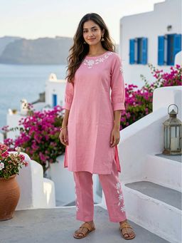 FASHOR - Solid Floral Patchwork Embroidered A-Line Co-Ord Set
