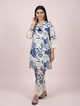 FASHOR - Floral Printed Schiffli Straight Kurta with Pant