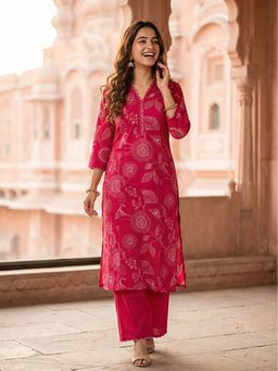 FASHOR - Print Scalloped Embroidered A-Line Kurta with Pant