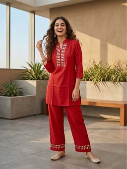 FASHOR - Solid Mirror Work Embroidered Straight Co-Ord Set