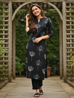FASHOR - Floral Printed Mirror Work Straight Kurta with Pant