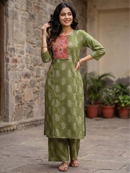 FASHOR - Striped Floral Print Straight Kurta with Palazzo