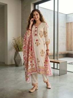 FASHOR - Ethnic Floral Printed Straight Kurta With Pant & Dupatta