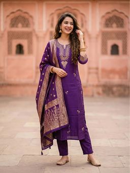 FASHOR - Solid Embroidered Straight Kurta With Pant & Dupatta