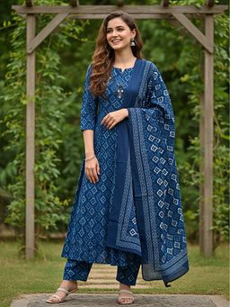 FASHOR - Printed Embroidered Anarkali Kurta With Pant & Dupatta
