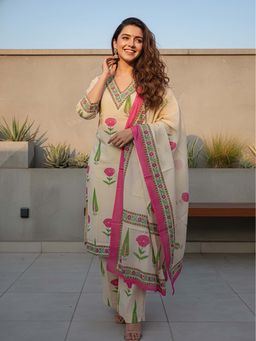 FASHOR - Mughal Printed A-Line Kurta With Pant & Dupatta
