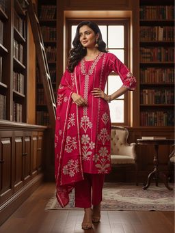 FASHOR - Floral Ethnic Printed Embroidered Straight Kurta With Pant & Dupatta