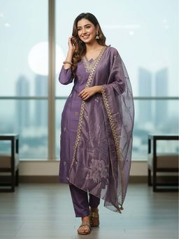 FASHOR - Solid Ethnic Embroidered Straight Kurta With Pant & Dupatta