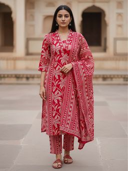 FASHOR - Floral Printed Straight Kurta With Pant & Dupatta