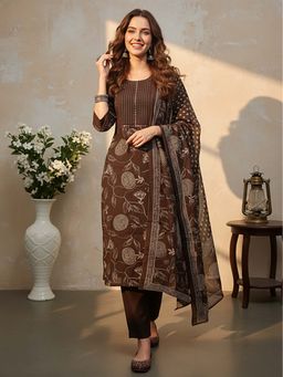 FASHOR - Floral Printed Straight Kurta With Pant & Dupatta
