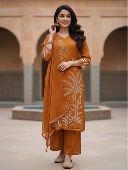FASHOR - Solid Botanical Embroidered Straight Kurta With Pant & Dupatta