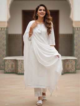 FASHOR - Schiffli Straight Kurta With Pant & Dupatta