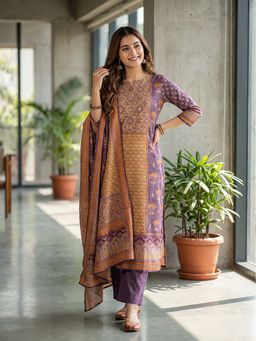 FASHOR - Printed Mirror Work Straight Kurta With Pant & Dupatta