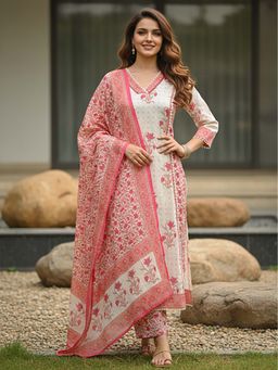 FASHOR - Floral Ethnic Printed A-Line Kurta With Pant & Dupatta