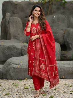 FASHOR - Printed Embroidered Straight Kurta With Pant & Dupatta