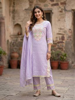 FASHOR - Floral Embroidered Straight Kurta With Pant & Dupatta