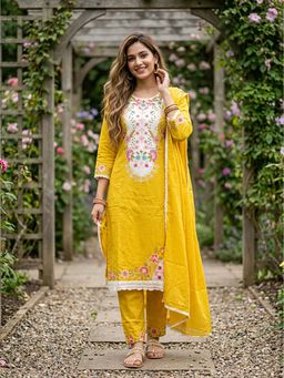 FASHOR - Solid Schiffli Floral Embroidered Straight Kurta With Pant & Dupatta