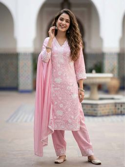 FASHOR - Solid Chikankari Embroidered Straight Kurta With Pant & Dupatta