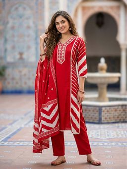 FASHOR - Leheriya Printed Embroidered A-Line Kurta With Pant & Dupatta