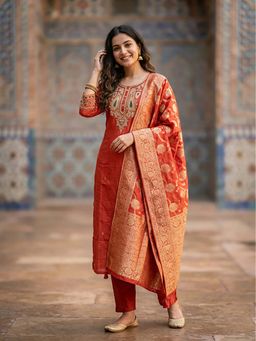 FASHOR - Solid Embroidered Straight Kurta With Pant & Dupatta