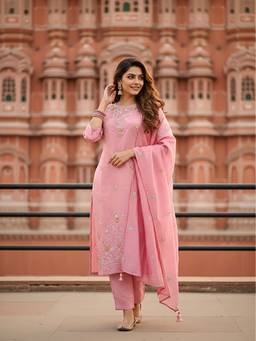 FASHOR - Sequin Embroidered Straight Chanderi Kurta With Pant & Dupatta
