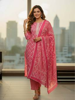 FASHOR - Floral Printed Schiffli Straight Kurta With Pant & Dupatta