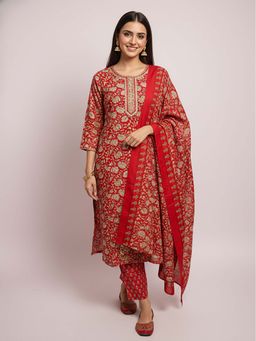 FASHOR - Floral Printed Embroidered Straight Kurta With Pant & Dupatta