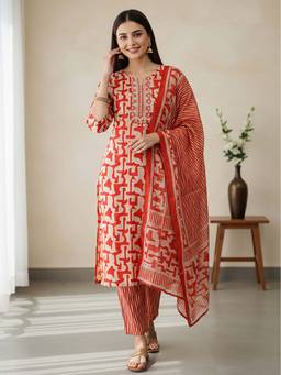 FASHOR - Printed Embroidered Straight Kurta With Pant & Dupatta