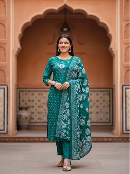 FASHOR - Floral Bandhani Printed Sequin Embellished Straight Kurta With Pant & Dupatta
