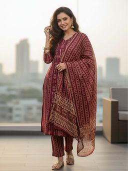 FASHOR - Tribal Print Panelled Straight Kurta With Pant & Dupatta