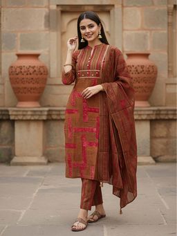FASHOR - Stripes Printed Embroidered Straight Kurta With Pant & Dupatta