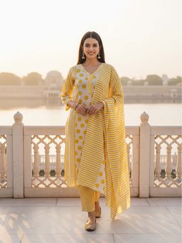 FASHOR - Polka Dots Printed Straight Kurta With Pant & Dupatta