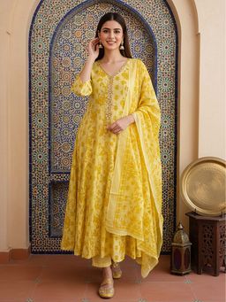 FASHOR - Printed Mirror Work Anarkali Kurta With Pant & Dupatta