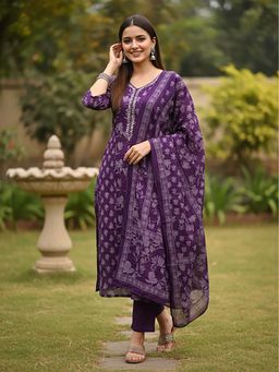 FASHOR - Floral Printed Mirror Work Kurta With Pant & Dupatta