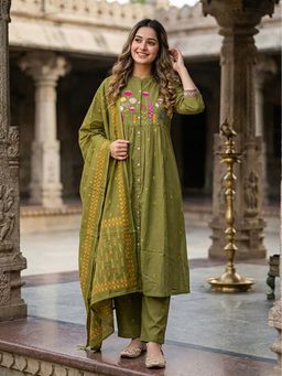 FASHOR - Buta Print Embroidered A-Line Kurta With Pant & Dupatta