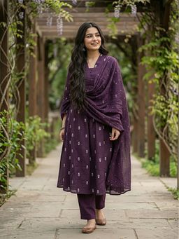 FASHOR - Solid Floral Embroidered Purple A-Line Anarkali Kurta With Pant & Dupatta