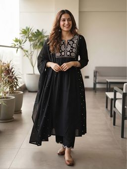 FASHOR - Mirror Work Embroidered A-Line Kurta With Pant & Dupatta