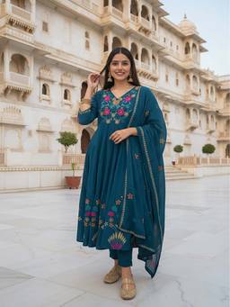 FASHOR - Floral Printed Solid Embroidered A-Line Anarkali Kurta With Pant & Dupatta