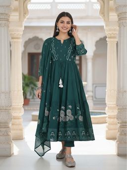 FASHOR - Ethnic Printed Solid Mirror Work, A-Line Kurta With Pant & Dupatta