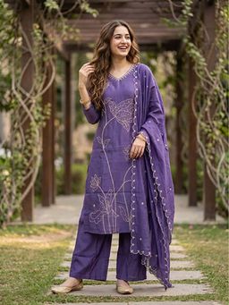 FASHOR - Solid Thread work Embroidered Straight Kurta With Palazzo & Dupatta