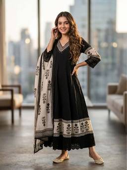FASHOR - Solid Schiffli Floral Embroidered Anarkali Kurta With Pant & Dupatta