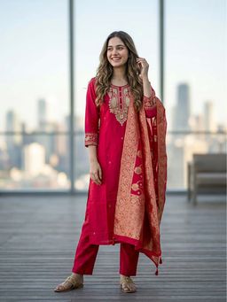FASHOR - Solid Embroidered Straight Kurta With Pant & Dupatta