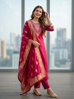 FASHOR - Solid Embroidered Straight Kurta With Pant & Dupatta