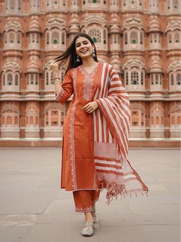 FASHOR - Solid Embroidered Straight Kurta With Pant & Dupatta