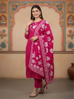 FASHOR - Floral Bandhani Printed Sequin Embellished Straight Kurta With Pant & Dupatta