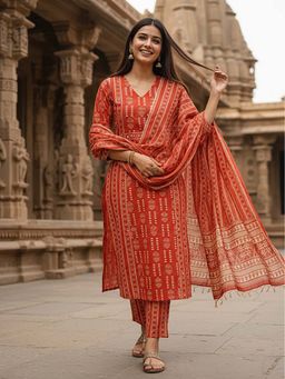 FASHOR - Printed Mirror Work Straight Kurta With Pant & Dupatta