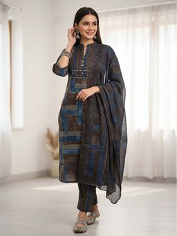 FASHOR - Stripes Printed Mirror Work Straight Kurta With Pant & Dupatta