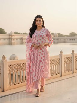 FASHOR - Polka Dots Printed Straight Kurta With Pant & Dupatta